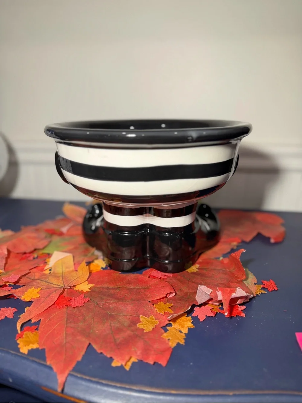 Mackenzie Child’s inspired Black and White Striped Ceramic Feet Halloween Bowl